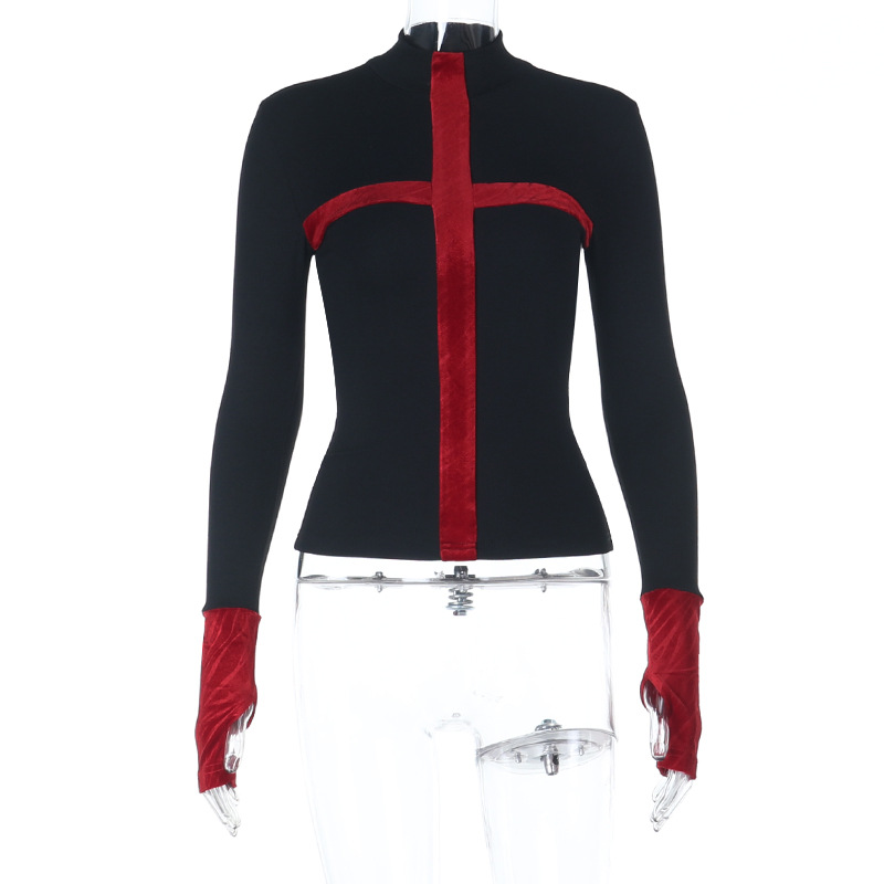 Dark Gothic Black Red Contrast Knit Top - Velvet Cross Slim Long Sleeve T-Shirt
